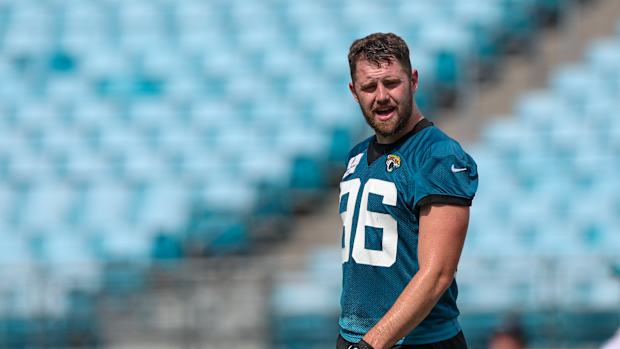 Jun 14, 2023; Jacksonville, Florida, USA; Jacksonville Jaguars tight end Gerrit Prince (86) participates in minicamp at TIAA Bank Field. Mandatory Credit: Nathan Ray Seebeck-USA TODAY Sports  